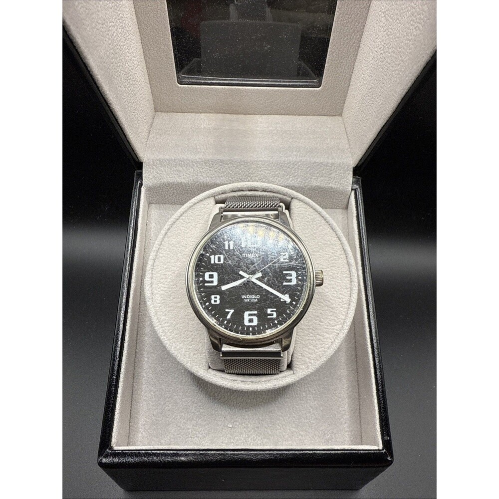 Timex Indiglo Watch Mens 43mm Black Dial New Band/Battery WR 50M Stainless Back